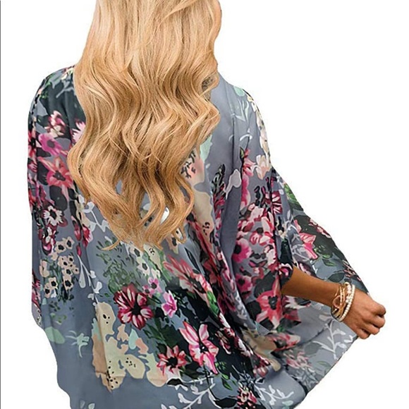 Boho Kimono Open Cardigan Floral Print Blouse - Picture 2 of 4